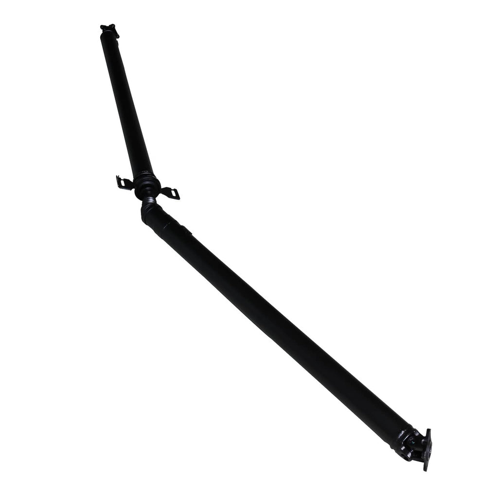 Black rear prop shaft with mounting clips and end hardware.
