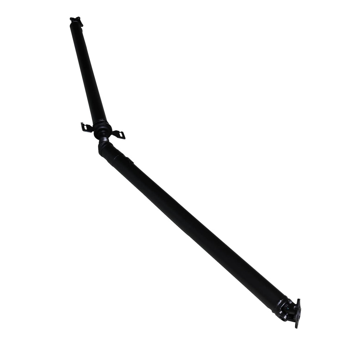 Black rear prop shaft with mounting clips and end hardware.