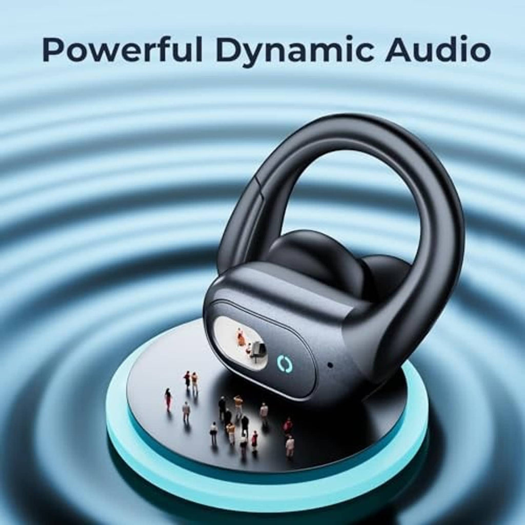 Matte black earbuds with ear-stem design resting on charging base, close-up angle