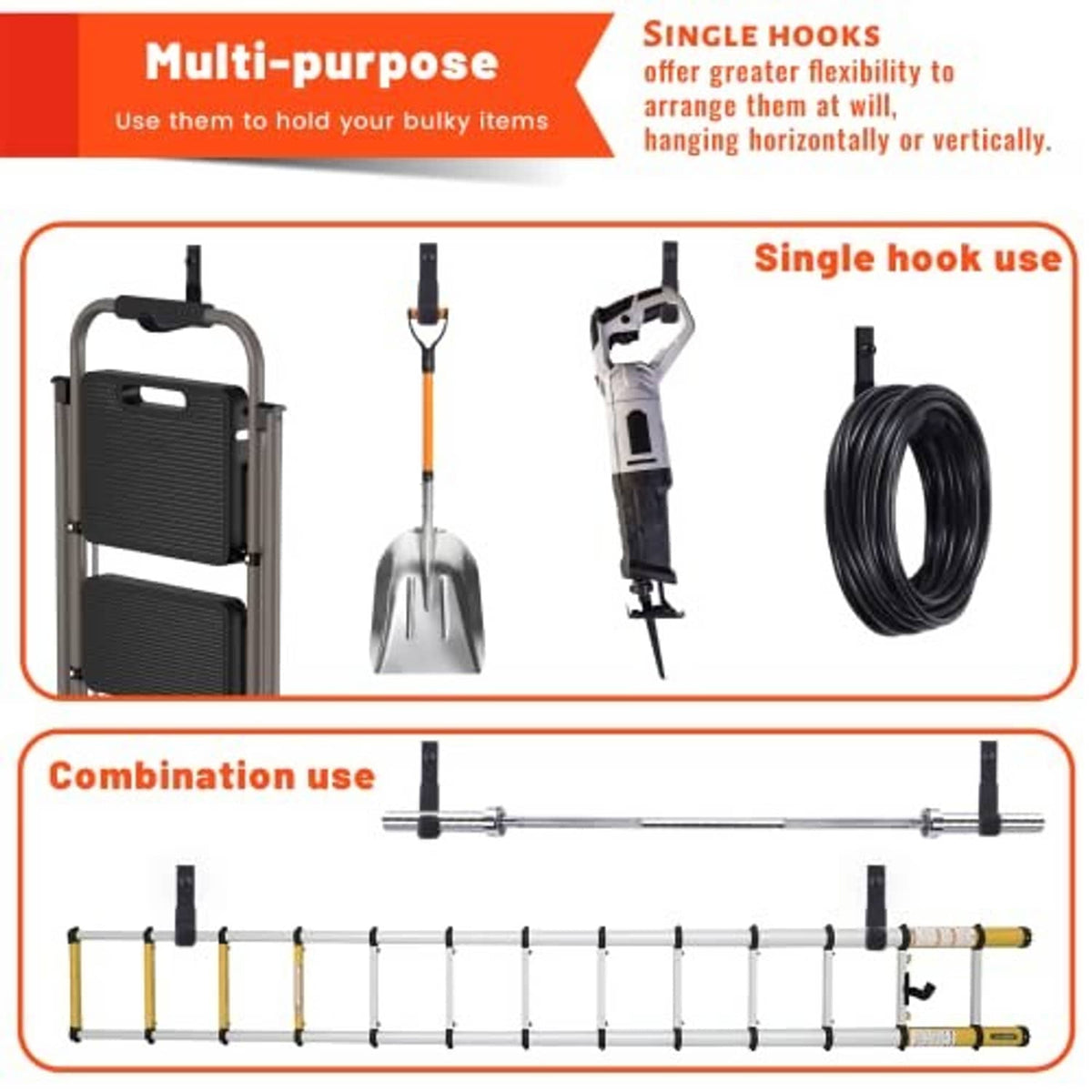Black single hook and mounting hardware kit with coiled rope, shovel hook, and ladder hangers
