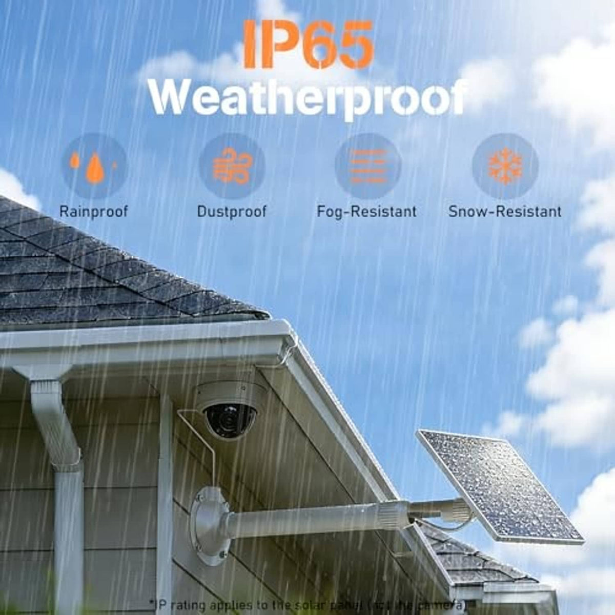 Weatherproof outdoor solar panel kit with angled black panel and white mount pole.