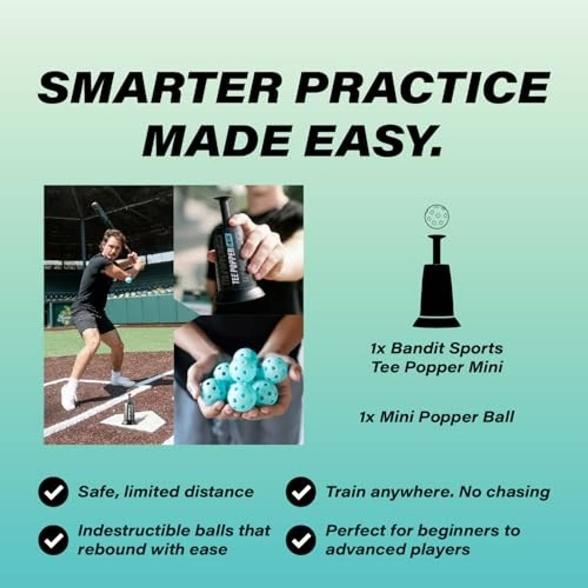 Black mini tee popper with teal popper balls held in a person’s hand