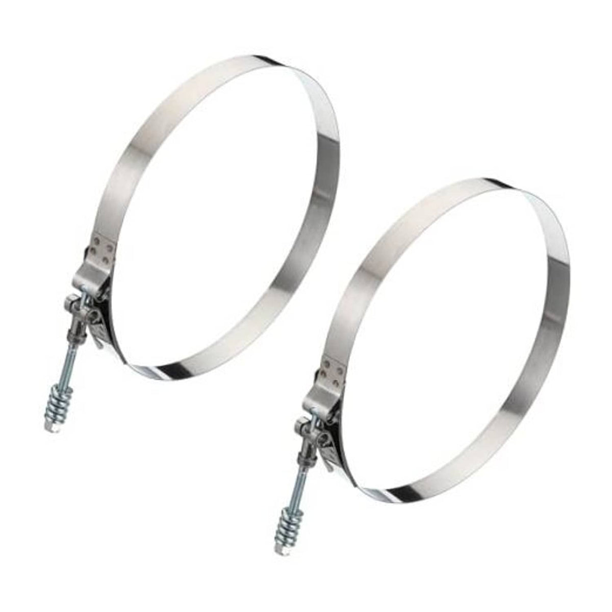 Stainless steel T-bolt hose clamp with spring, two-piece band and screw housing