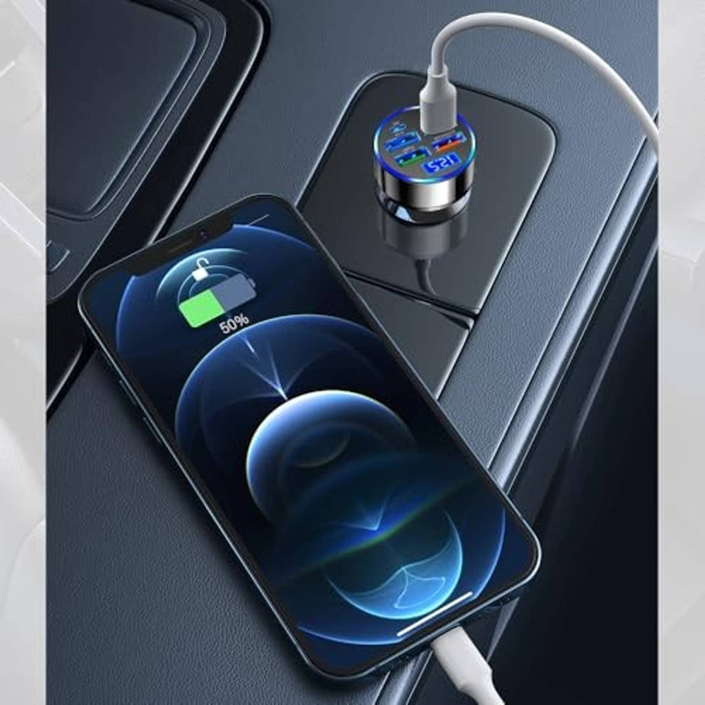 Car charger connected to a phone via USB-C cable with blue LED voltage display