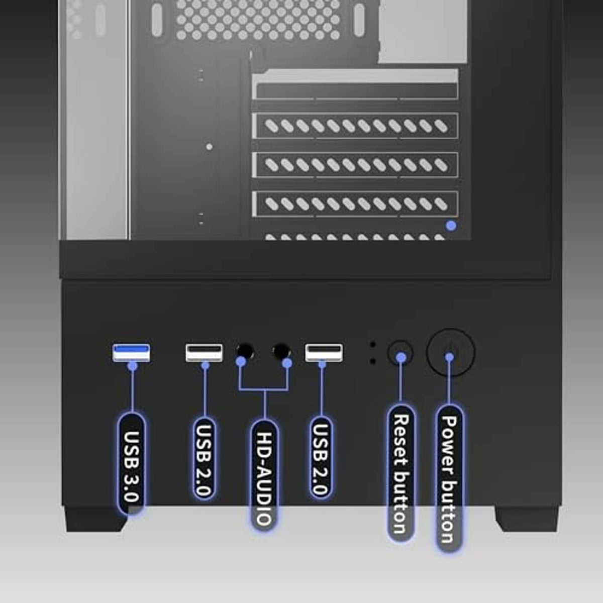 Rear I/O ports panel on a black PC case with USB and audio connectors