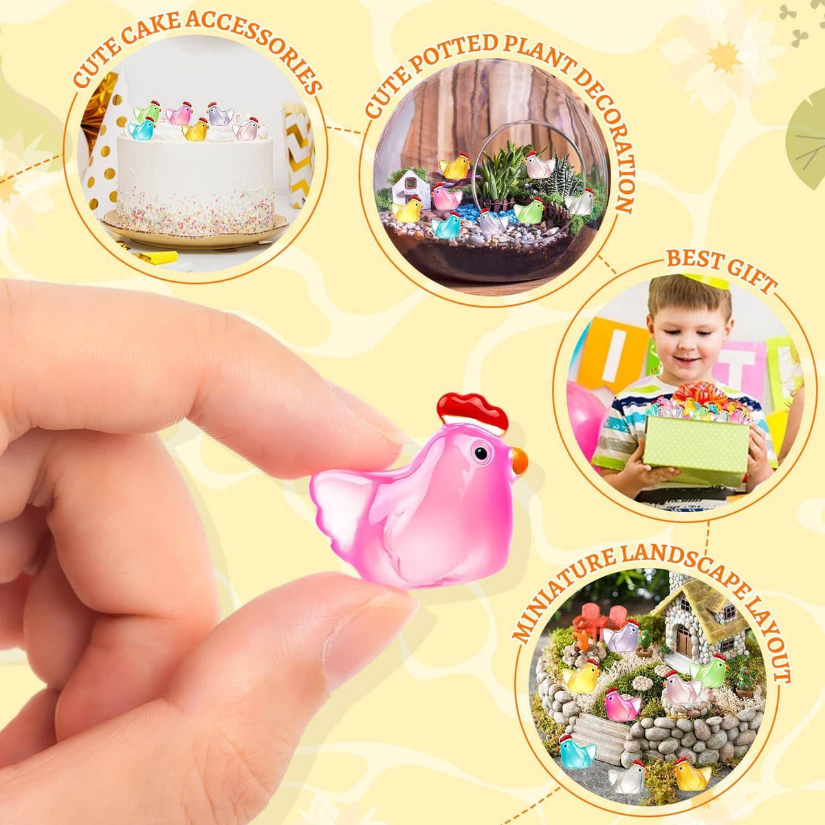 Small pink luminous chicken figurine held between fingers, mini collectible