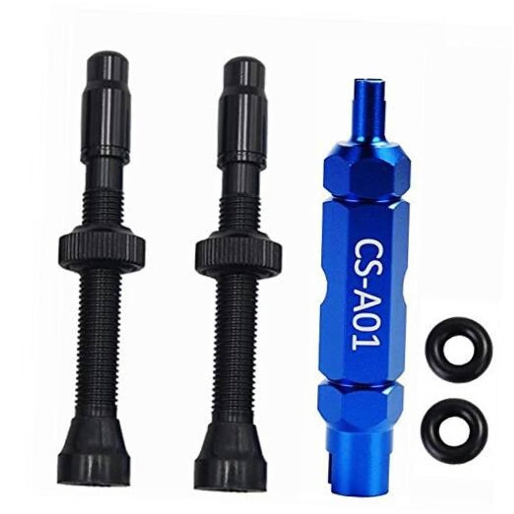 Tubeless Presta valve stem kit: two black stems, blue CS-A01 extender, two O-rings