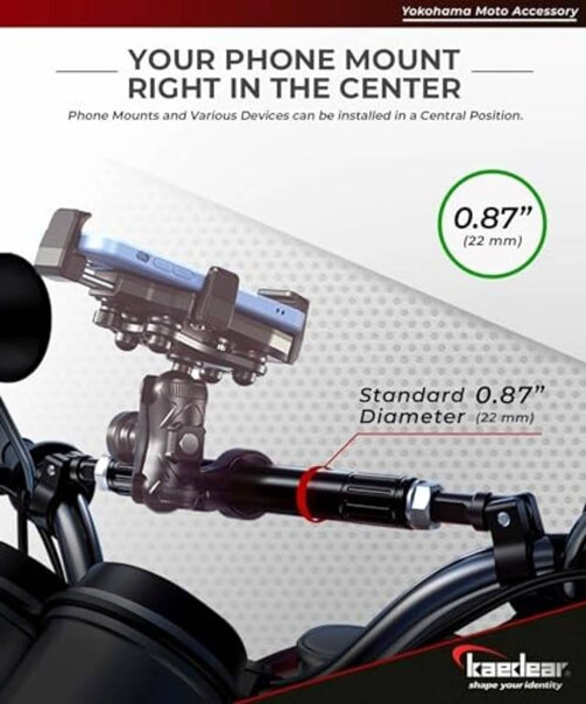 Motorcycle phone mount brace bar showing centered mounting diameter 0.87 in.