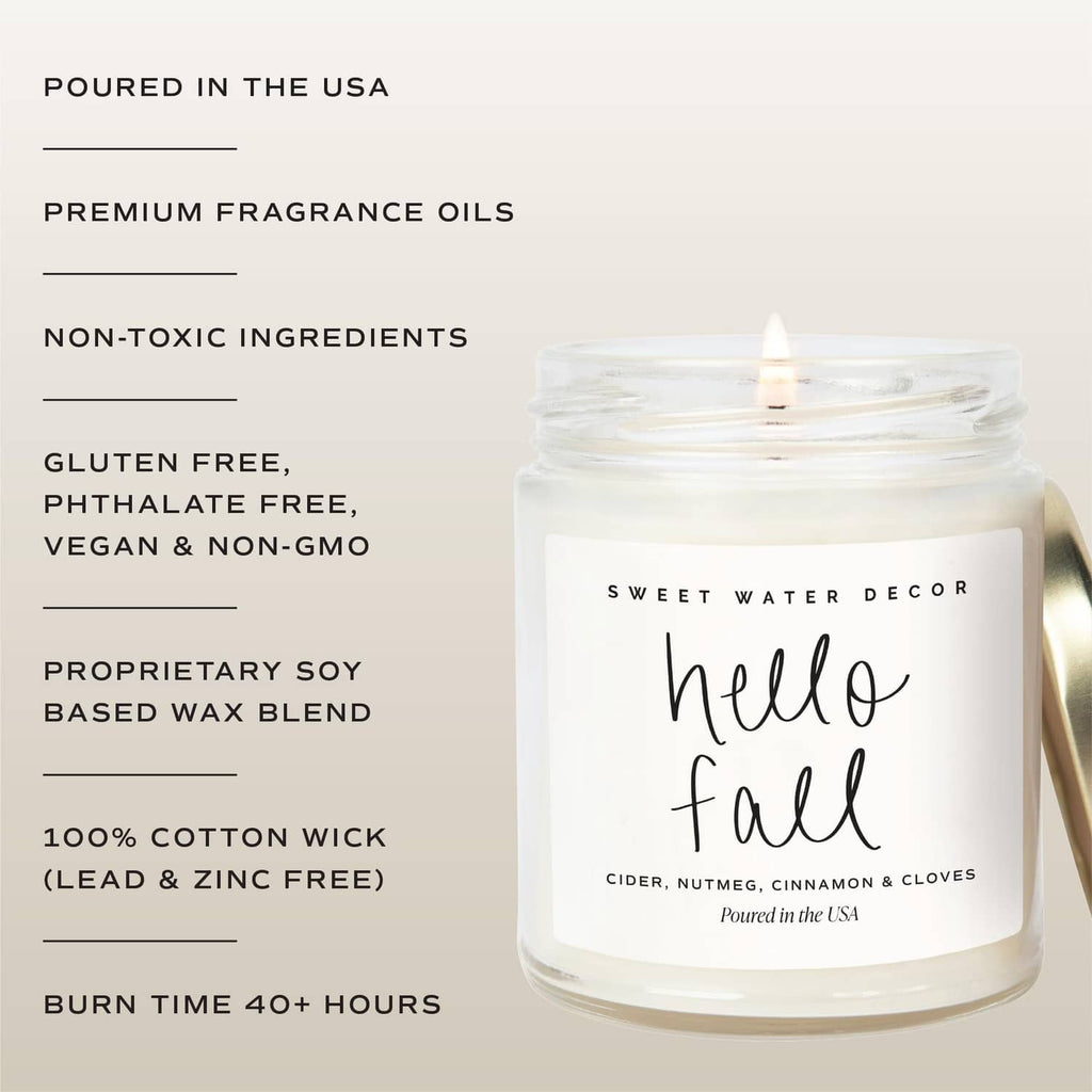 Candle label with ingredient callouts: poured in the USA, soy wax blend, 100% cotton wick