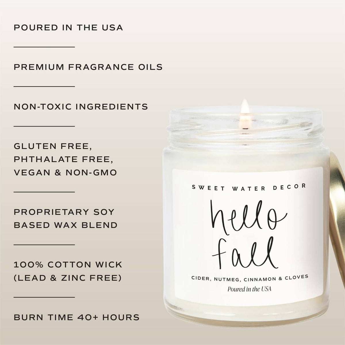 Candle label with ingredient callouts: poured in the USA, soy wax blend, 100% cotton wick