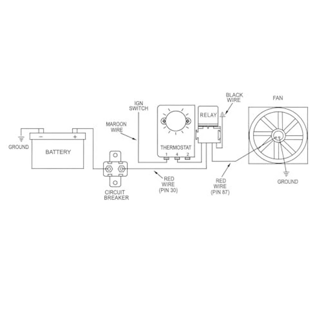 Fan wiring diagram with thermostat, relay, circuit breaker, and ground connections