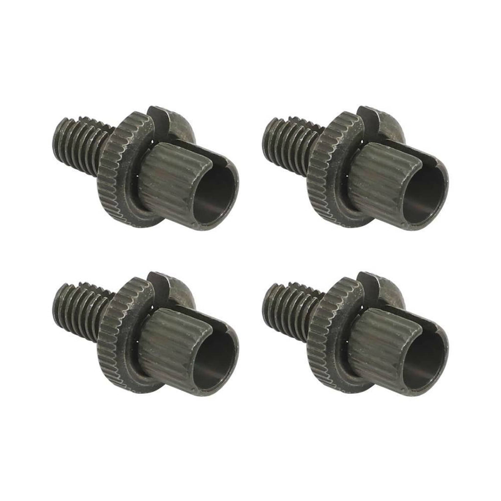 Four cable adjuster bolts with ribbed collars and threaded ends, dark metal