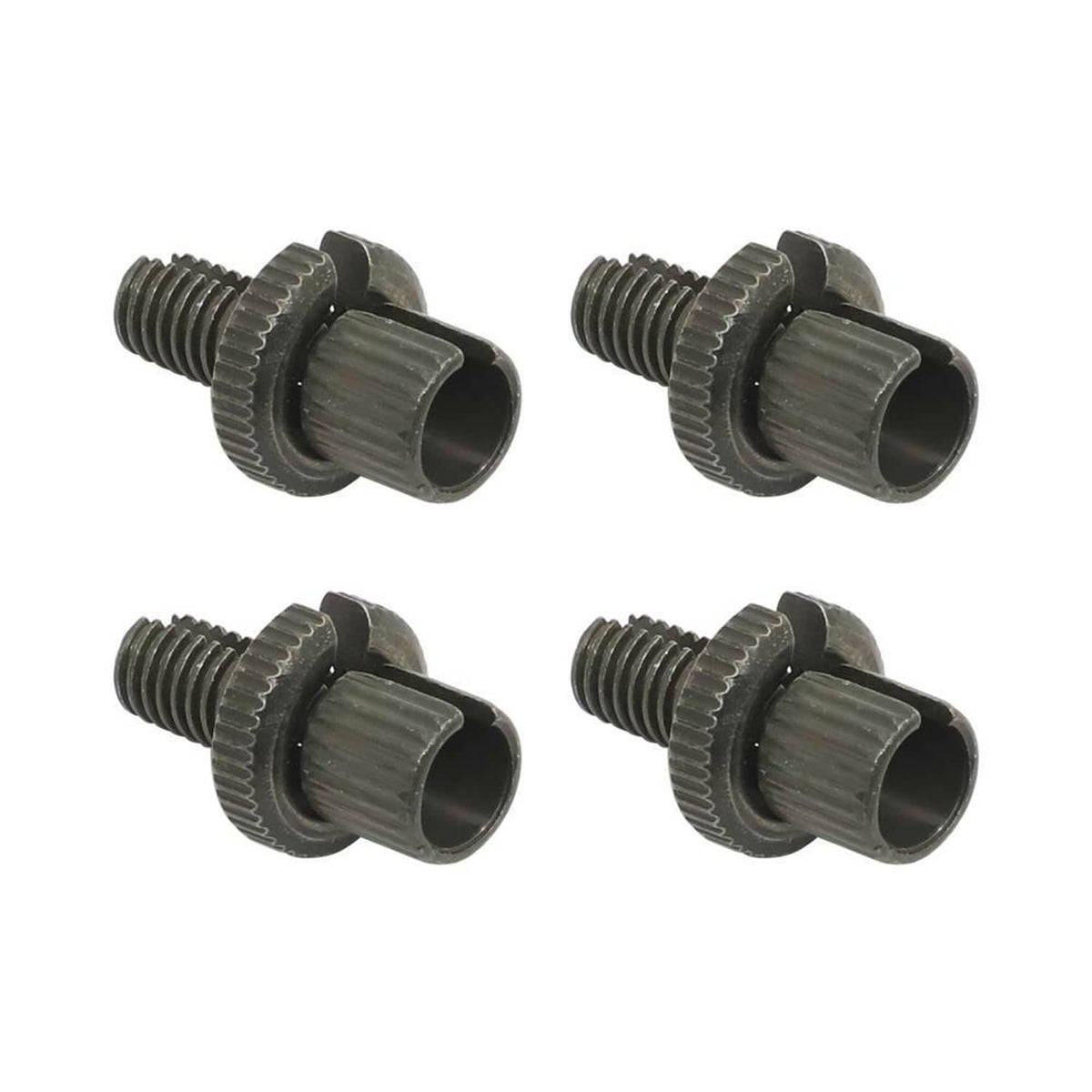Four cable adjuster bolts with ribbed collars and threaded ends, dark metal