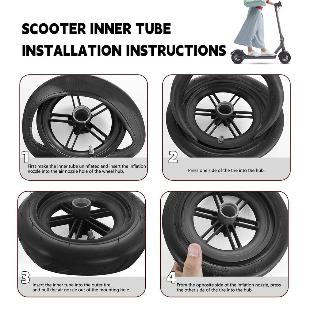 Scooter inner tube installation steps showing tire mounting on wheel hub