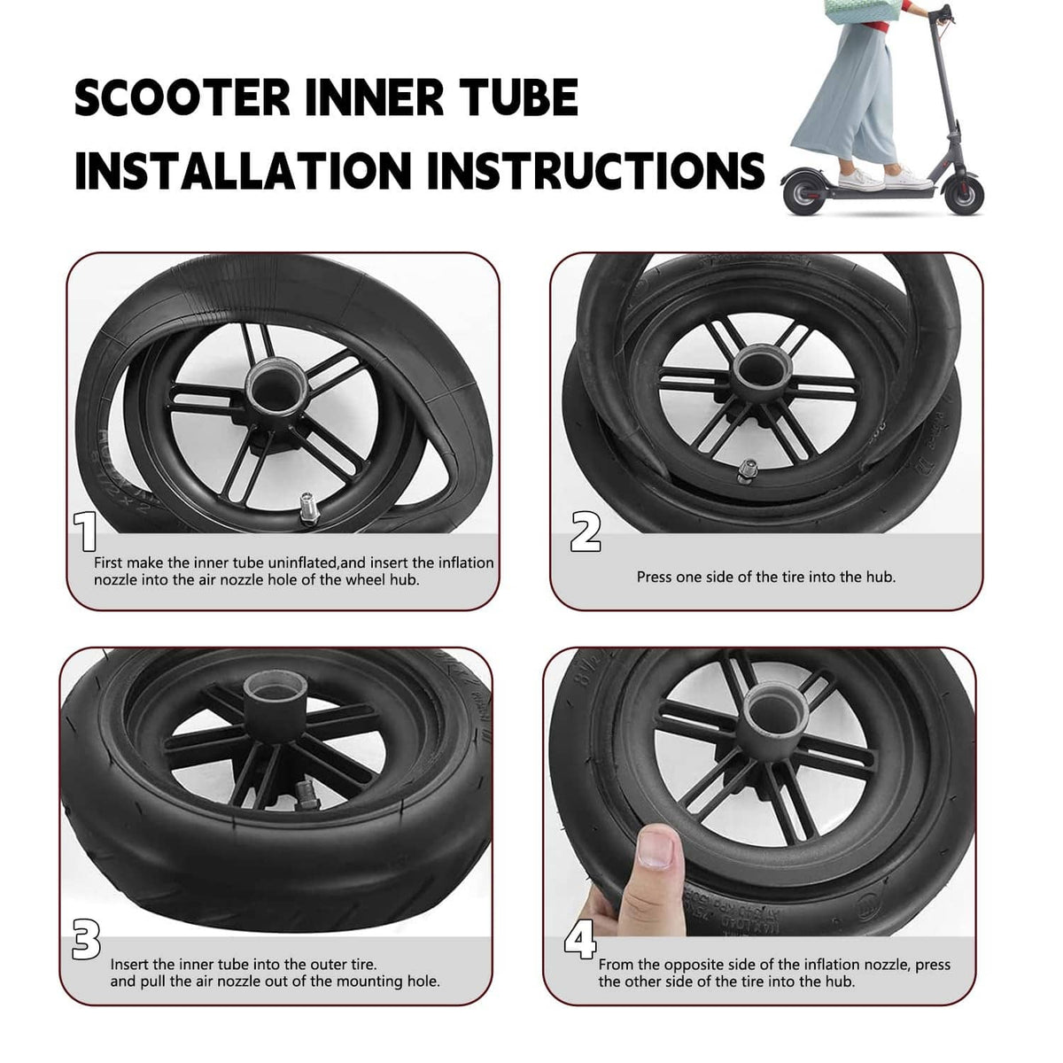 Scooter inner tube installation steps showing tire mounting on wheel hub