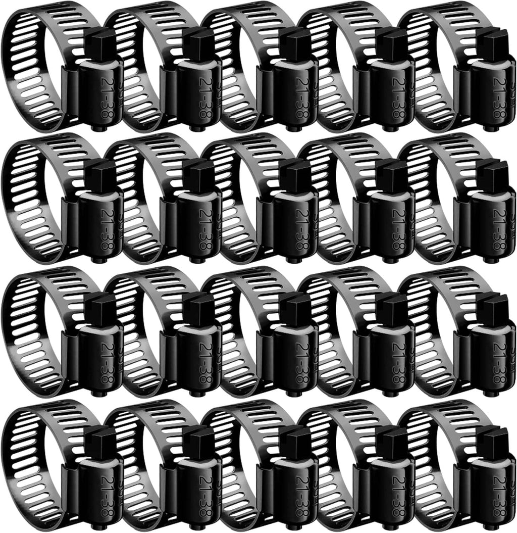 Black hose clamps in grid layout, perforated stainless bands with screw buckles
