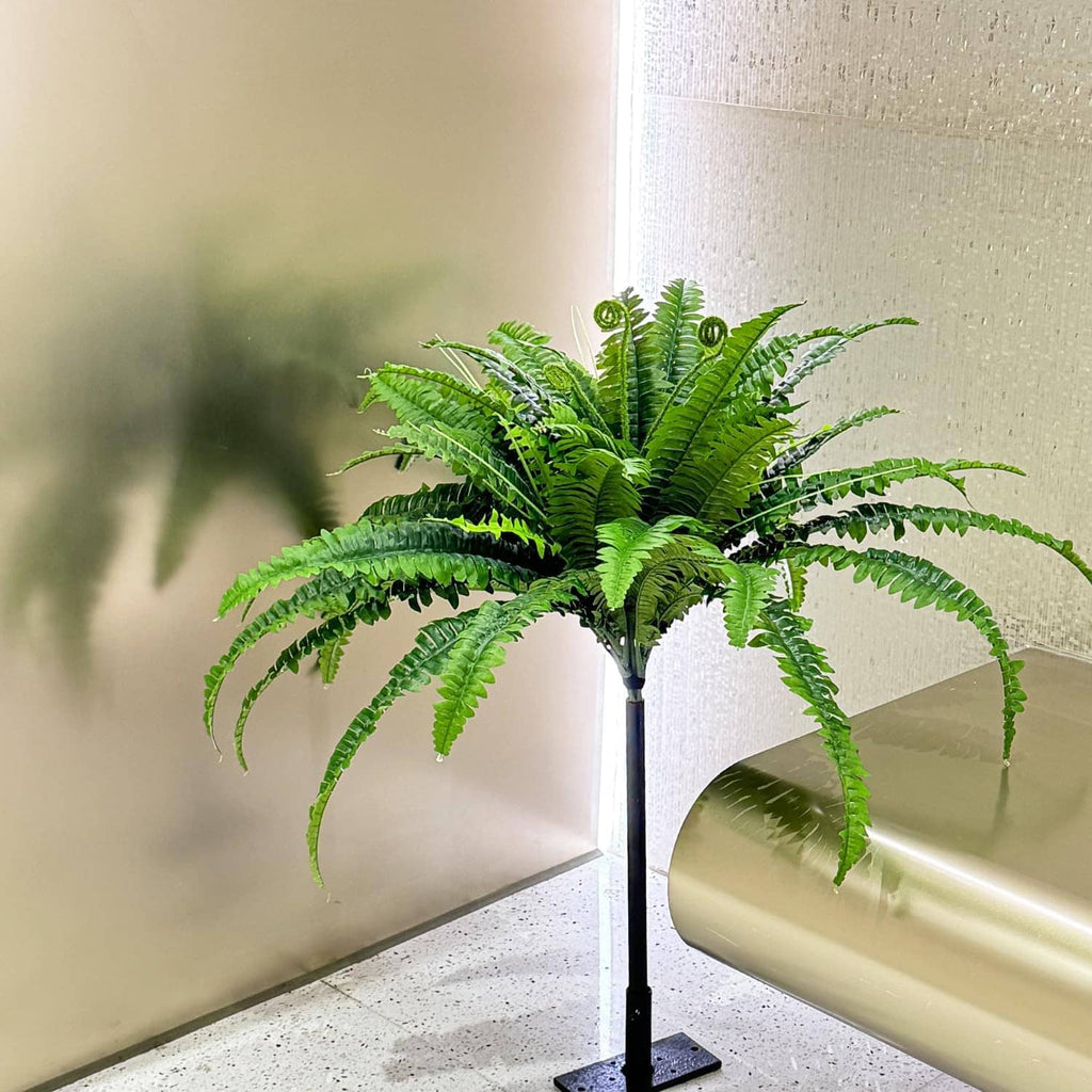Artificial green fern with dense fronds in a pot on a stand; set of 2.