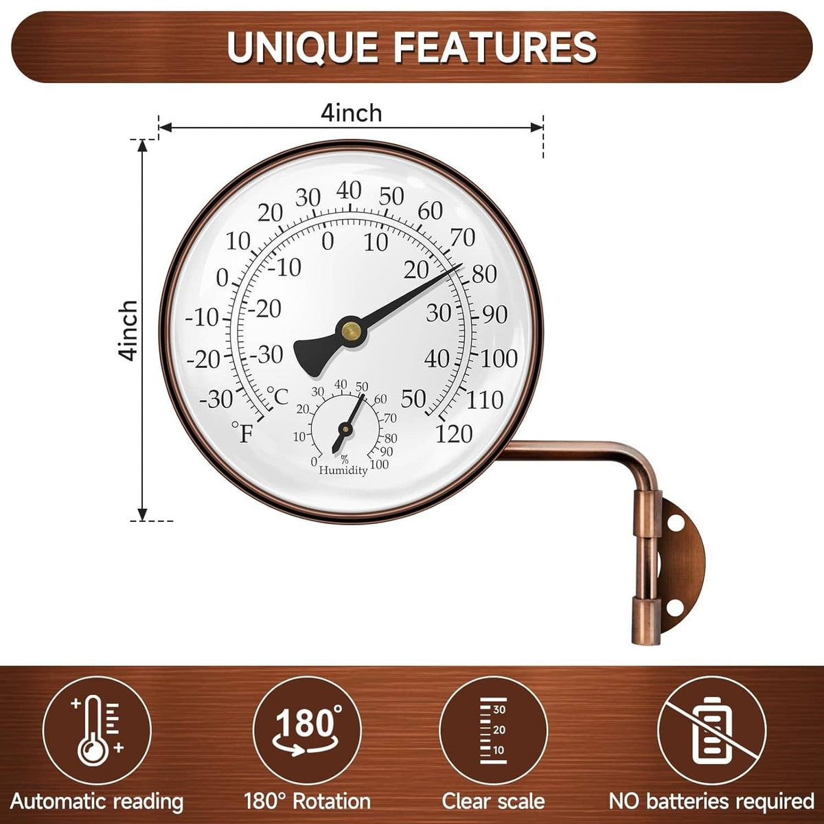 Brass swivel thermometer with wall bracket and round dial, 4-inch length shown
