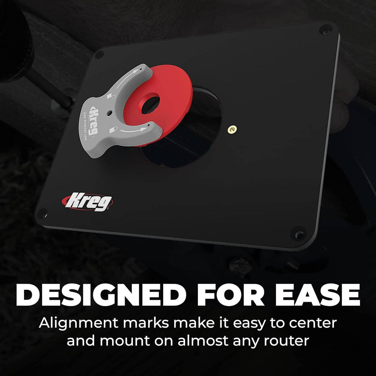 Kreg router table insert plate with red insert ring and gray mounting clamp on base