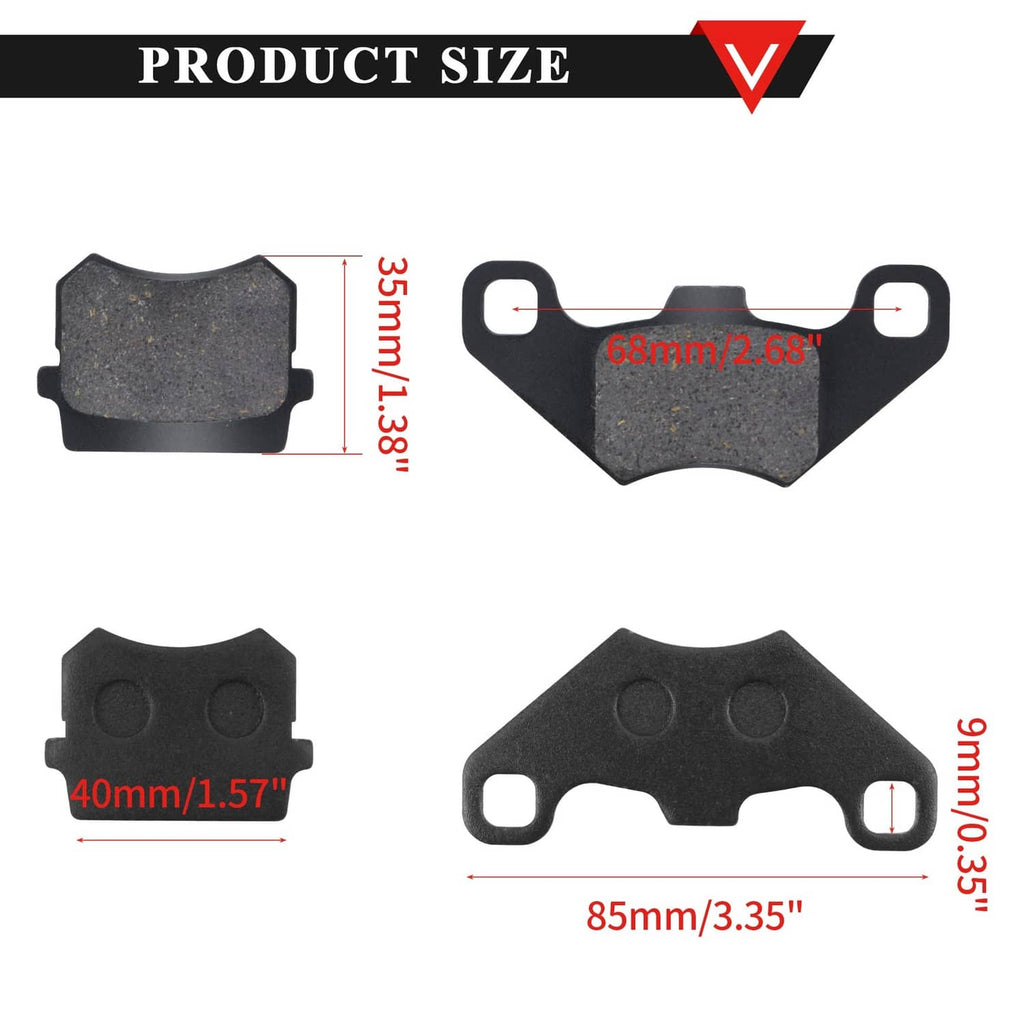 Brake pads set: two dark pads with mounting holes, shown with size markings