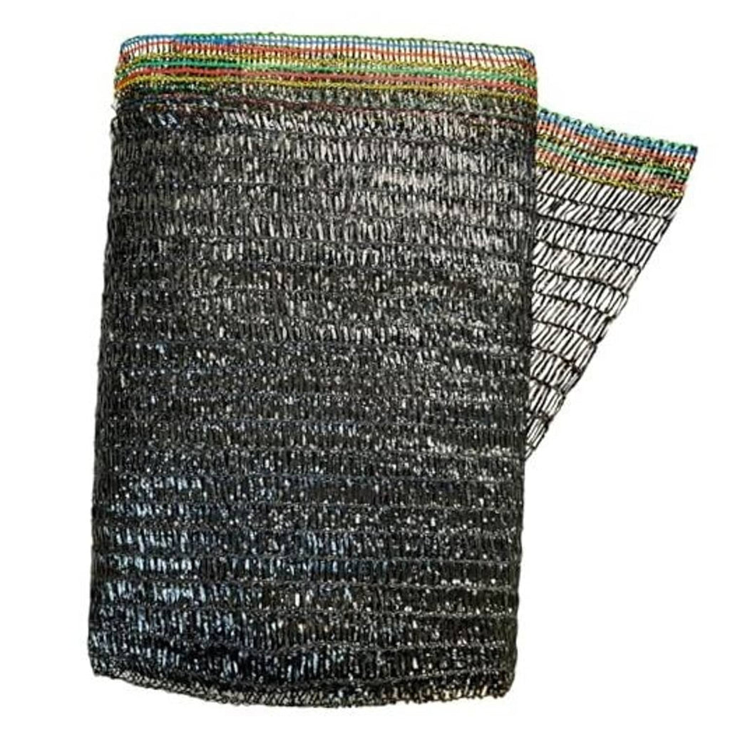 Black shade cloth mesh roll with multicolor stitched edge binding