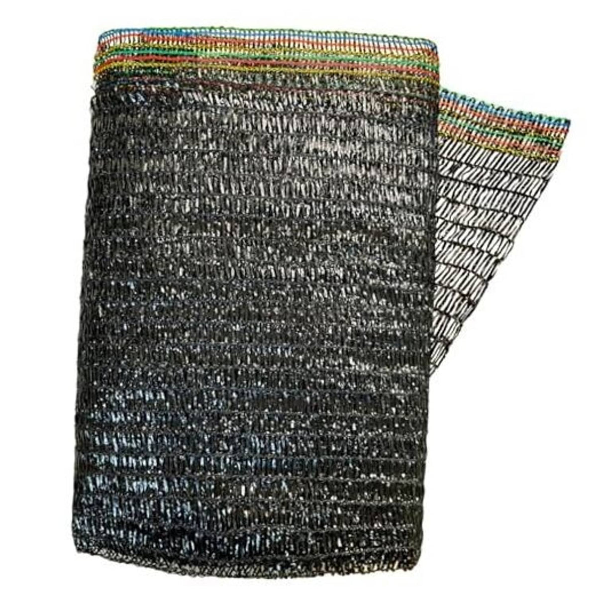 Black shade cloth mesh roll with multicolor stitched edge binding