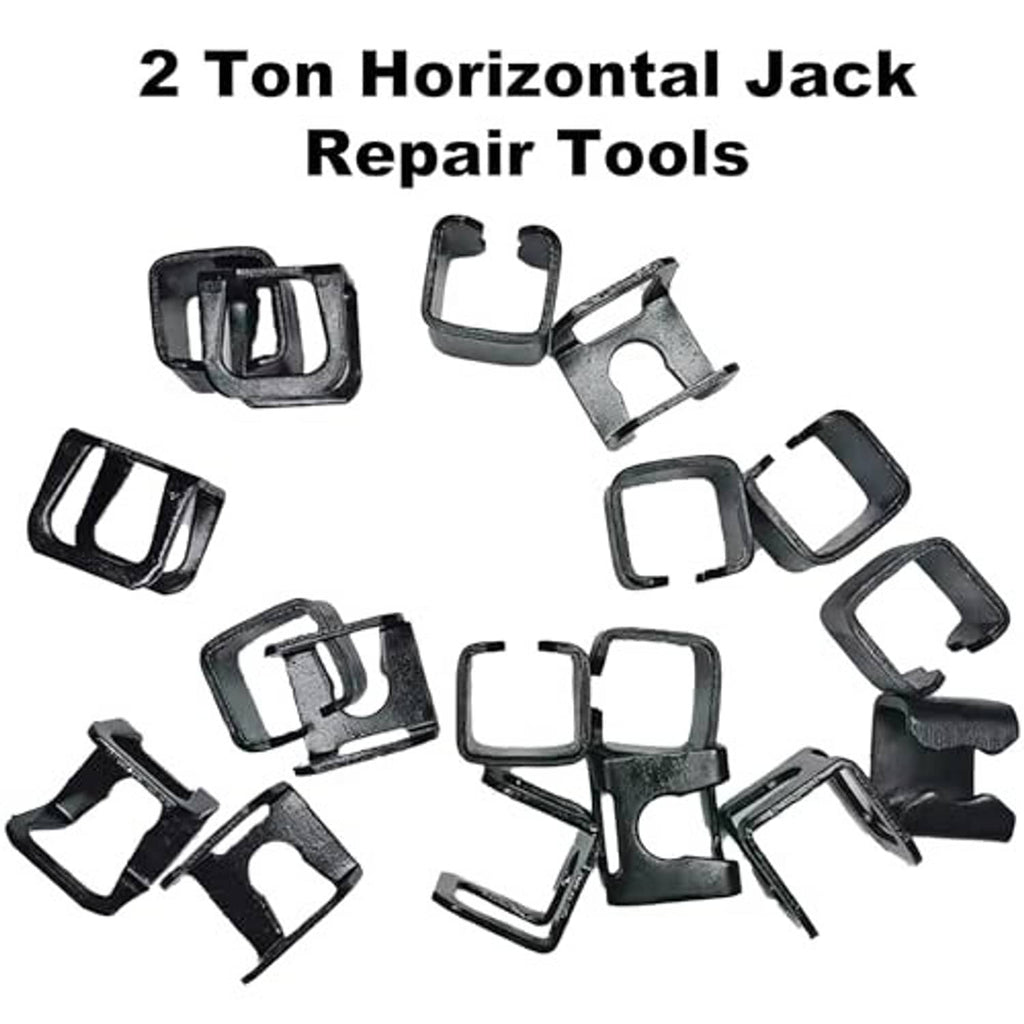 Set of black horizontal jack repair clamp clips, multiple U-shaped jaw pieces