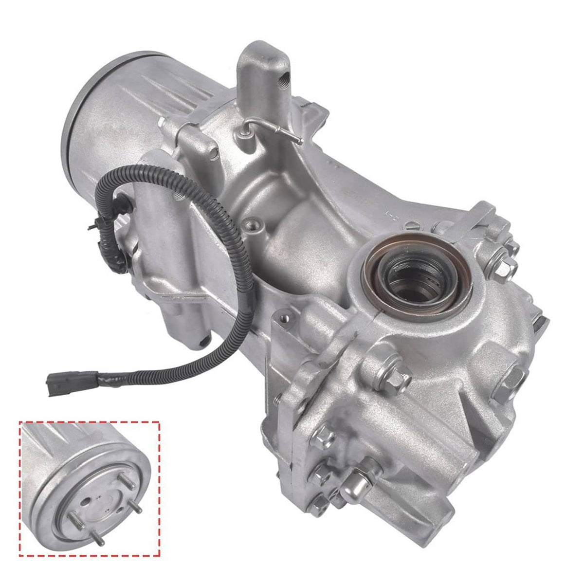 Silver rear axle differential carrier assembly with circular opening and connected wiring
