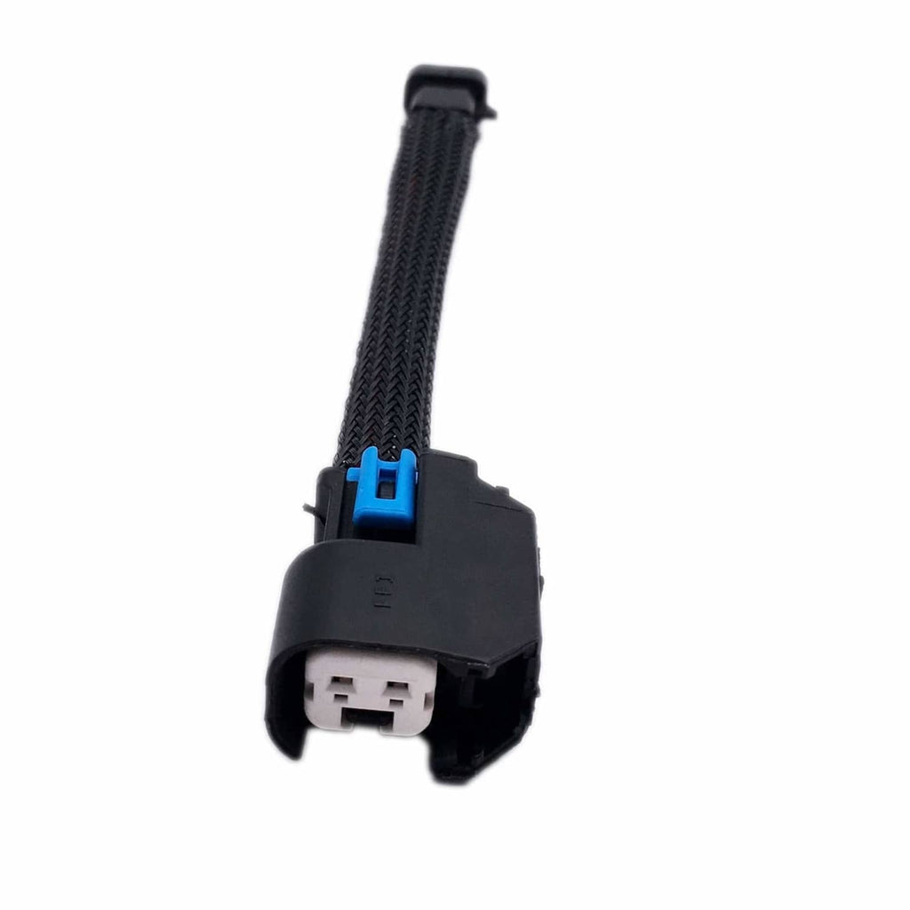 Fuel injector harness adapter pigtail end connector with blue latch tab on braided wire