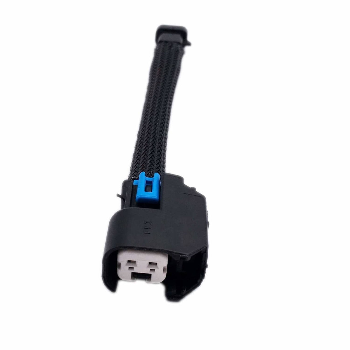 Fuel injector harness adapter pigtail end connector with blue latch tab on braided wire