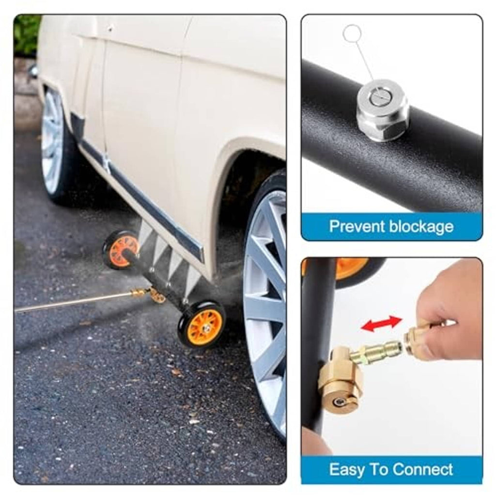 Undercarriage washer attachment with orange wheel heads, black bar, and brass coupler
