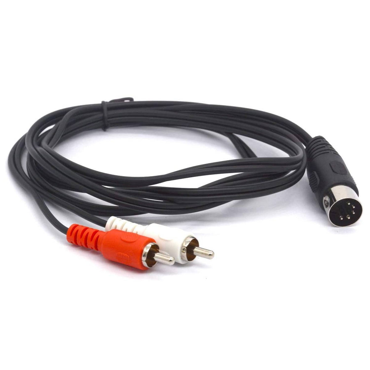 5-pin DIN to dual RCA audio cable with black cord and red plus white RCA ends