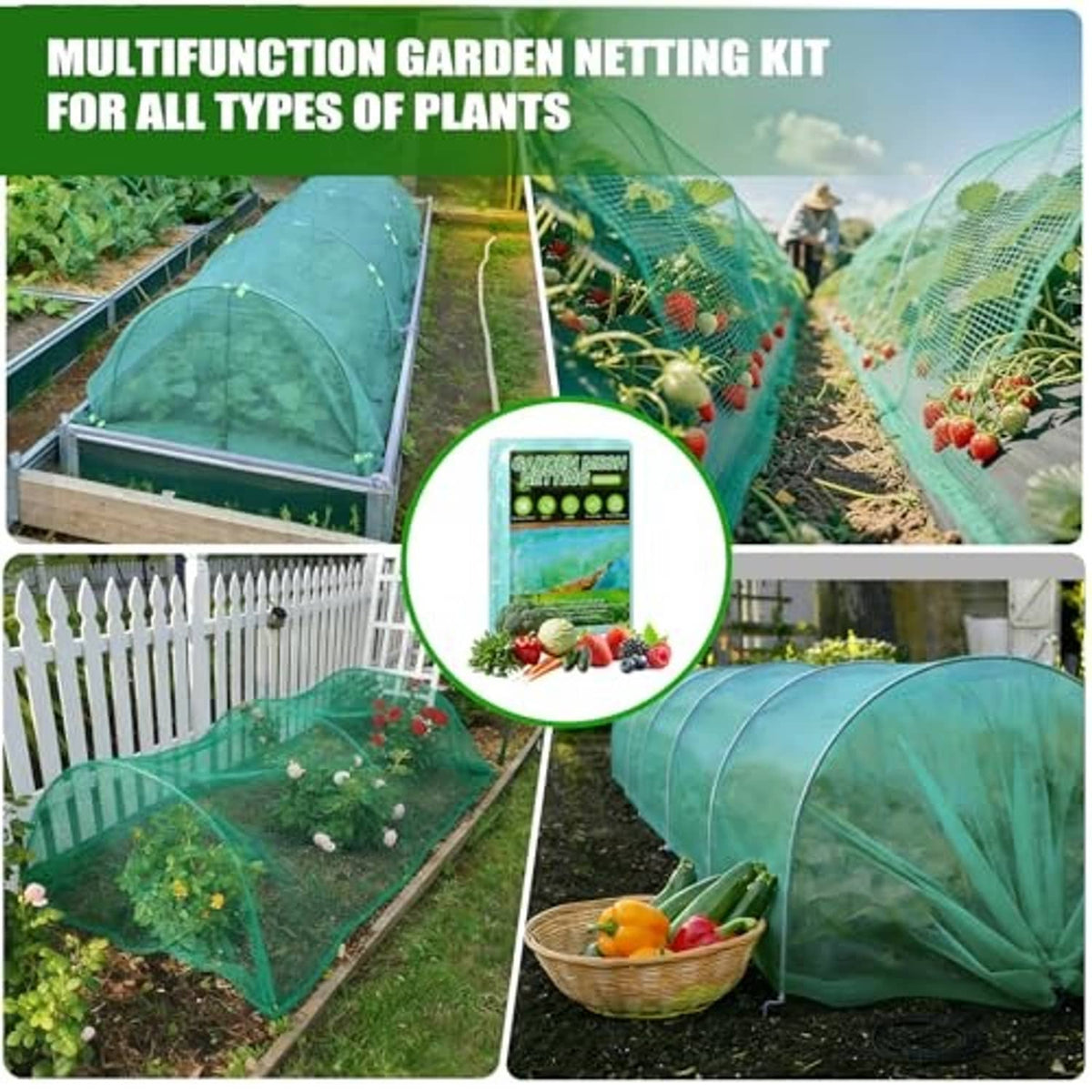 Green mesh netting kit covering garden plants on hoop frames