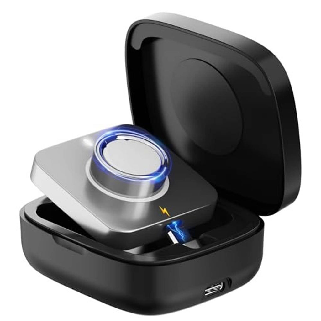 Black charging case with open lid, circular cradle, and charging cable port