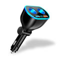 Black car cigarette lighter splitter with dual USB ports and blue LED indicator