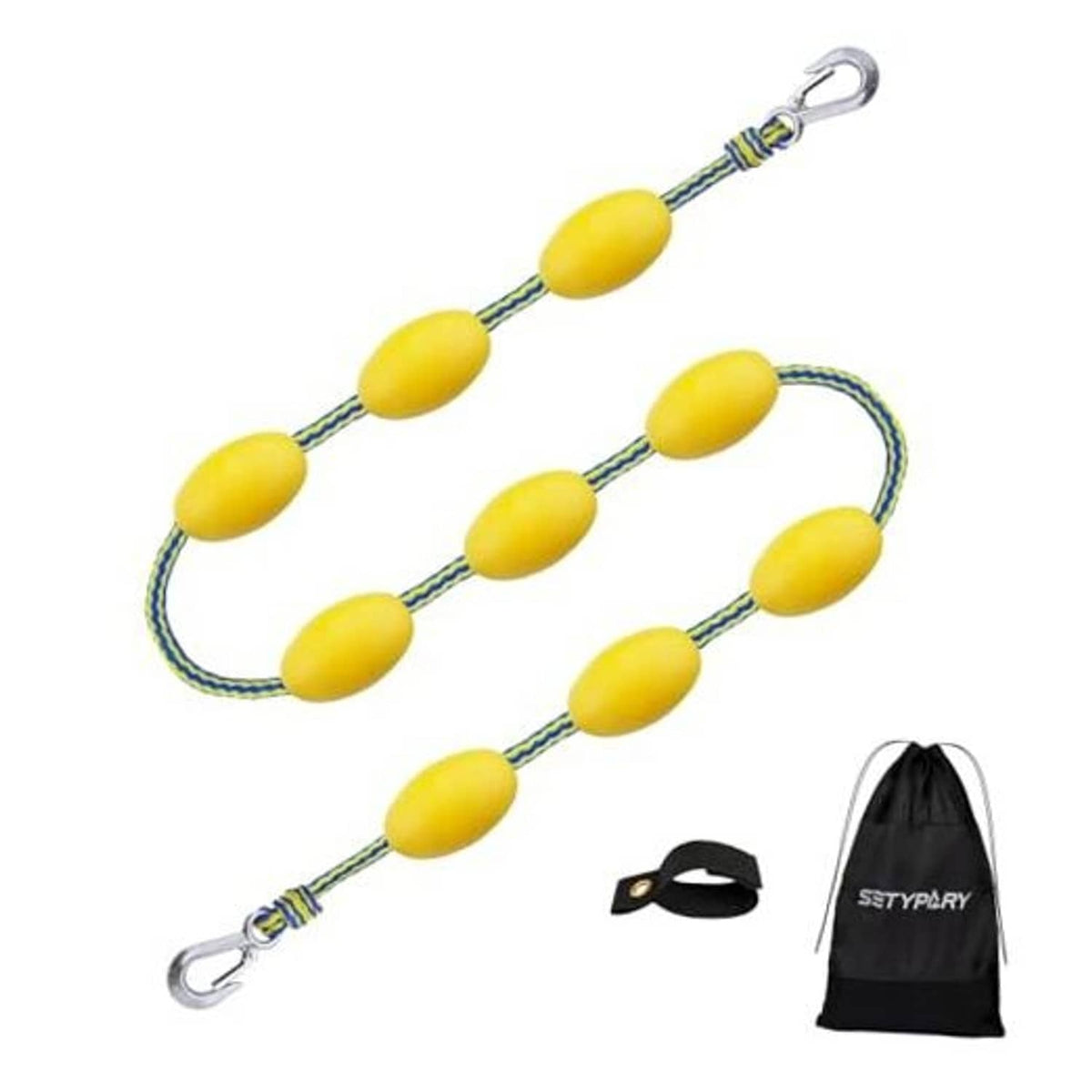 Floating boat tow rope with yellow float balls and silver metal safety hooks