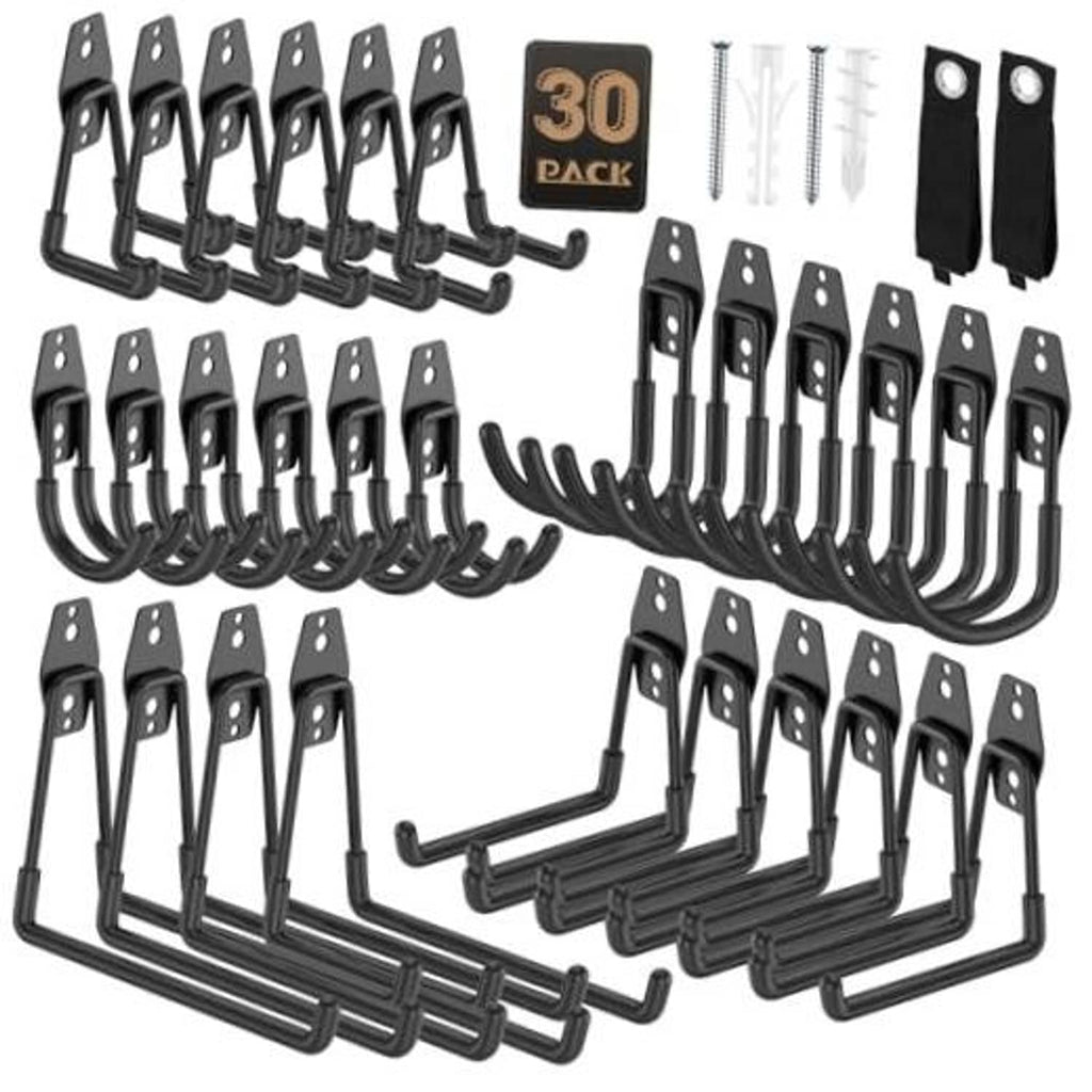 Black metal garage hooks storage set with multiple U-shaped hanging hooks