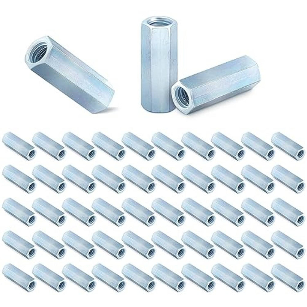 Bulk set of zinc-plated coarse coupling nuts with two hex nuts on top and many below