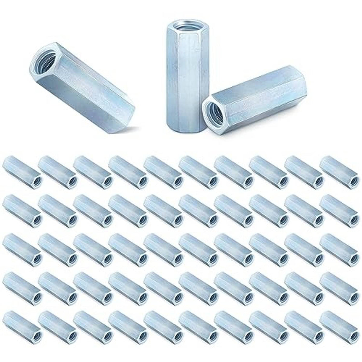Bulk set of zinc-plated coarse coupling nuts with two hex nuts on top and many below