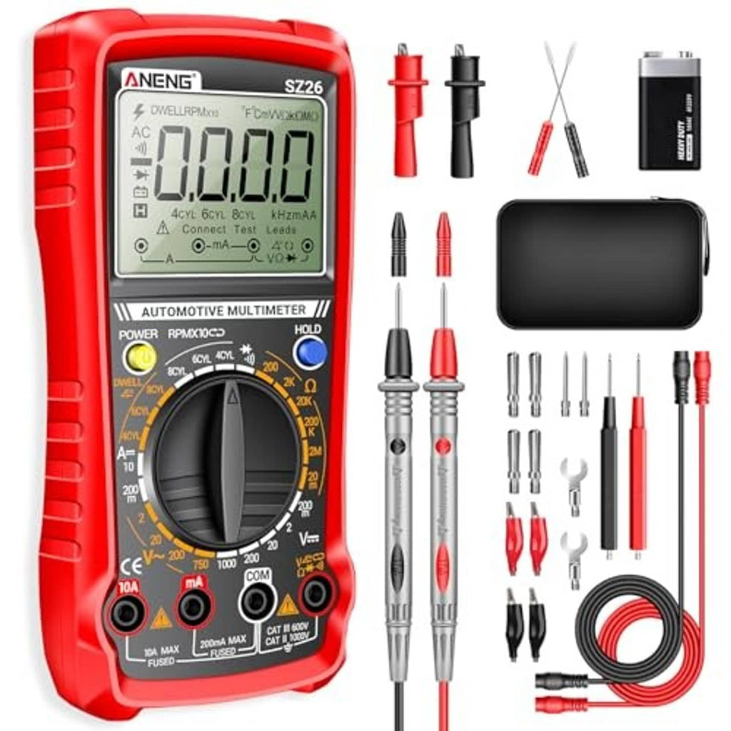 Red digital automotive multimeter with LCD screen, rotary dial, and black/red probe leads set