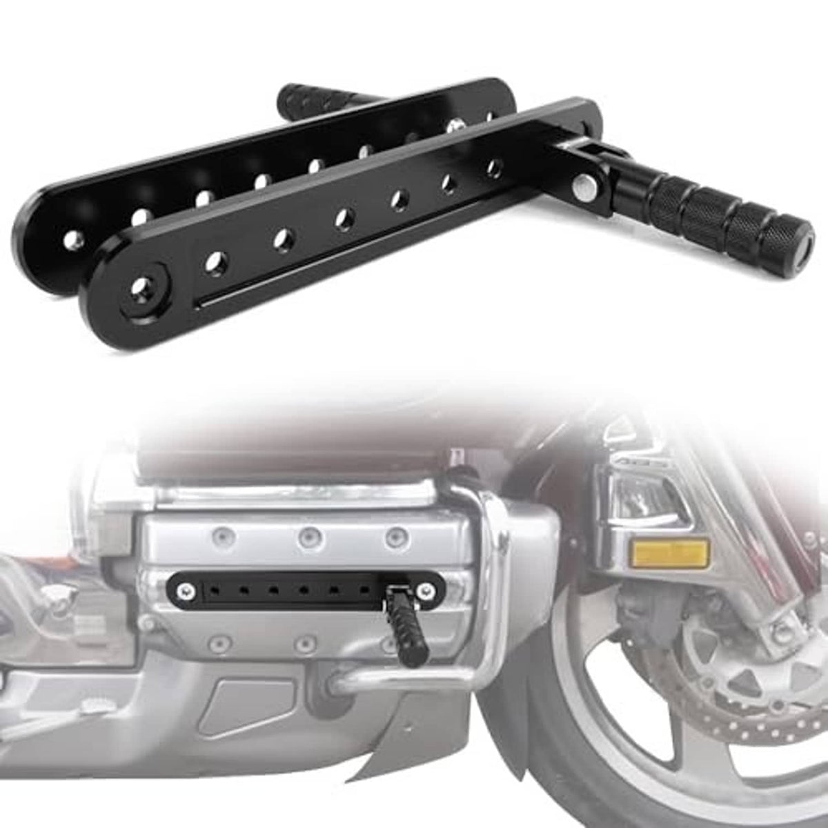 Black adjustable highway peg mount with perforated bar and textured grip footpeg