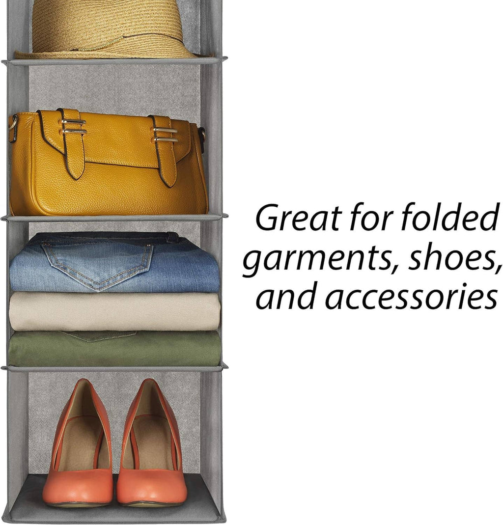 Gray fabric closet organizer shelf with metal frame, holding bag, folded clothes, and shoes