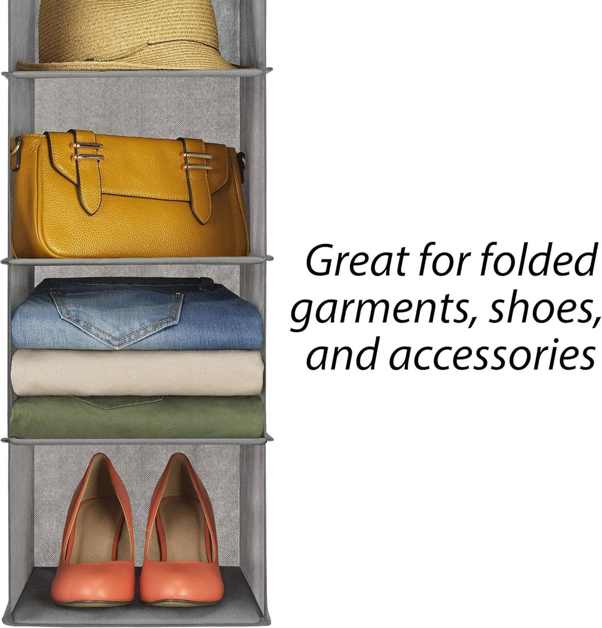 Gray fabric closet organizer shelf with metal frame, holding bag, folded clothes, and shoes