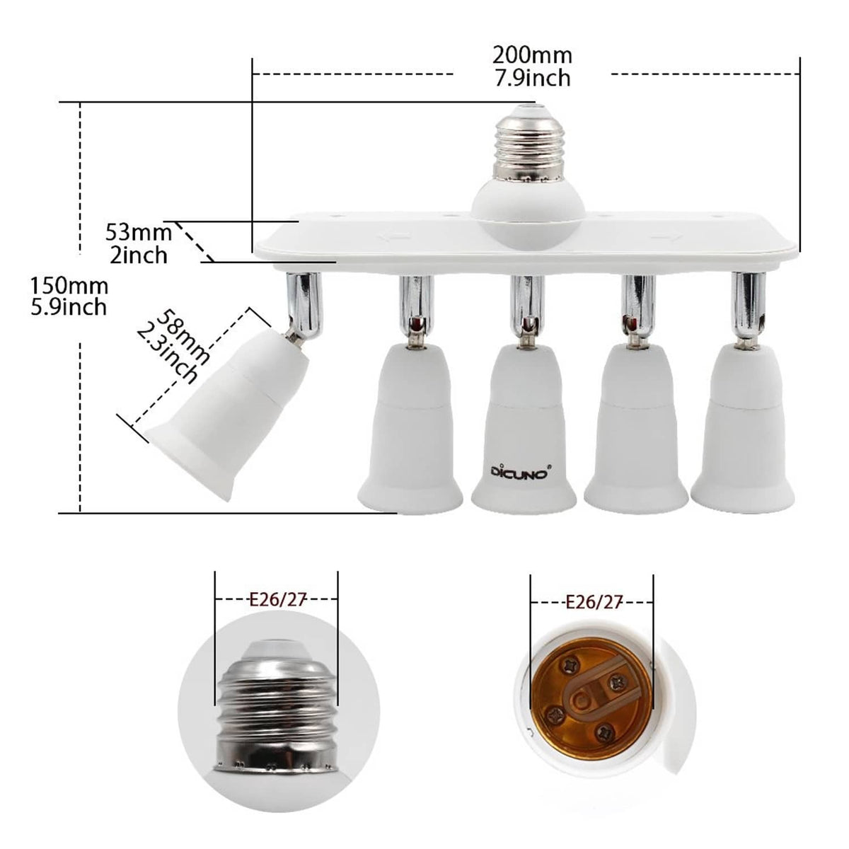 White 5-way E26 socket splitter showing five outlets with a central screw base