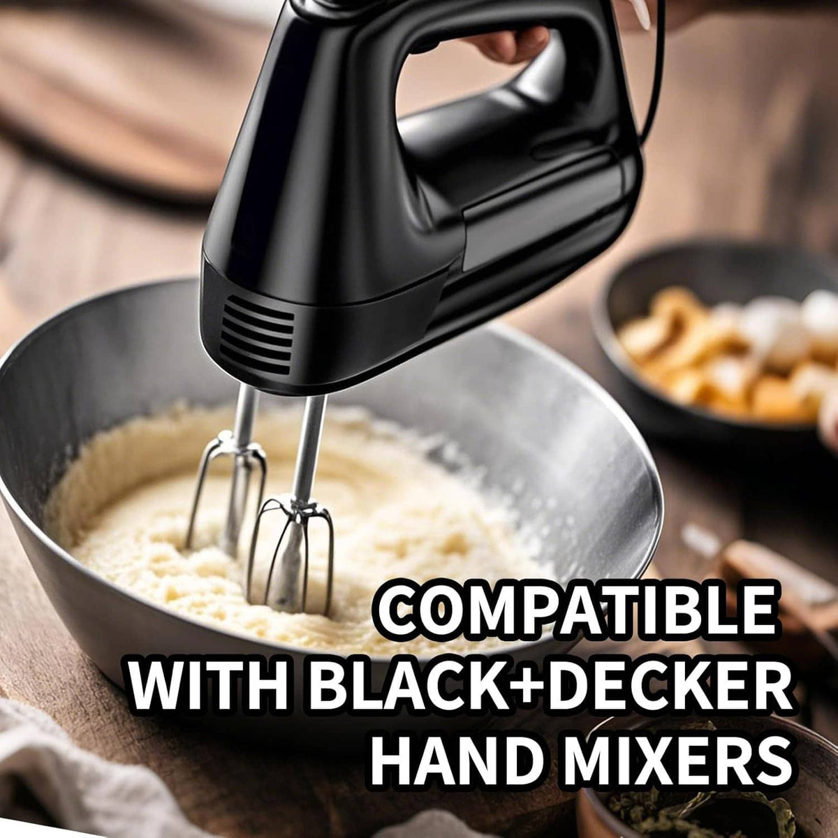 Hand mixer beaters attached, whipping batter in a metal bowl