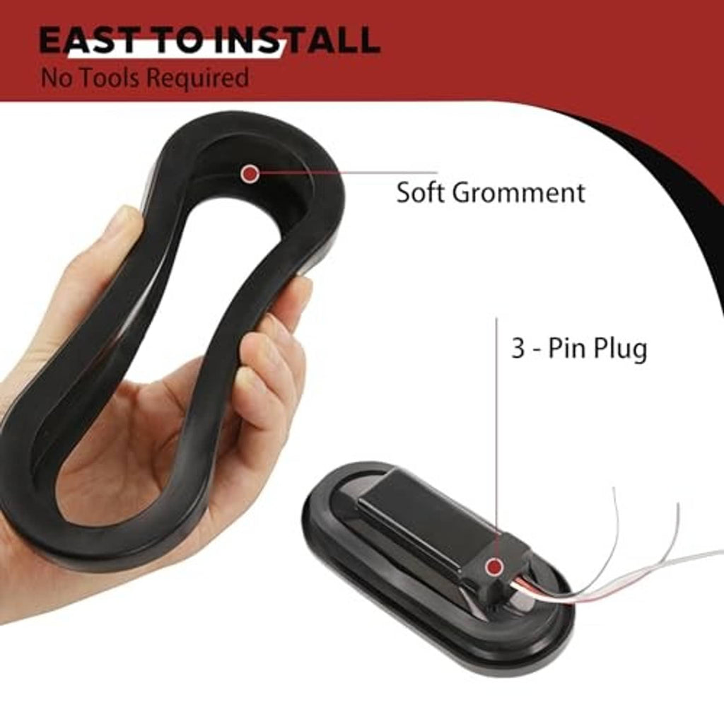 Oval red LED tail light with black grommet and 3-pin plug, shown in hand