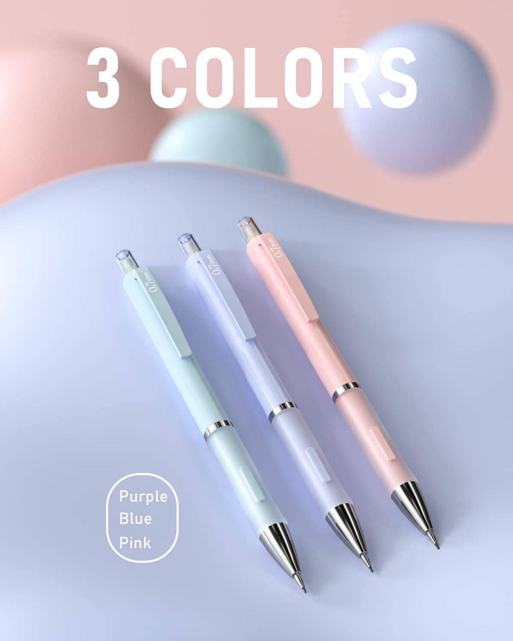 Three pastel mechanical pencils in blue and pink with silver clips