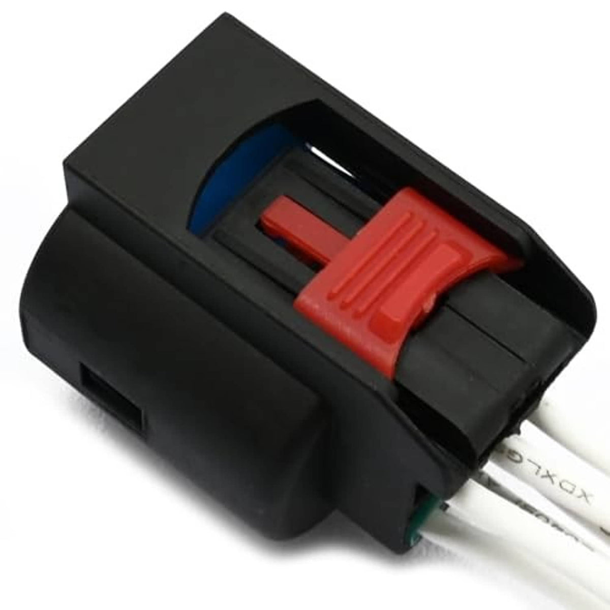 Electric connector plug with black housing, red tab, and two wire leads