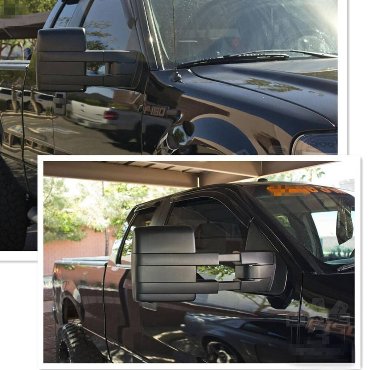 Heated tow mirrors mounted on pickup door with telescoping arms and turn-signal lens