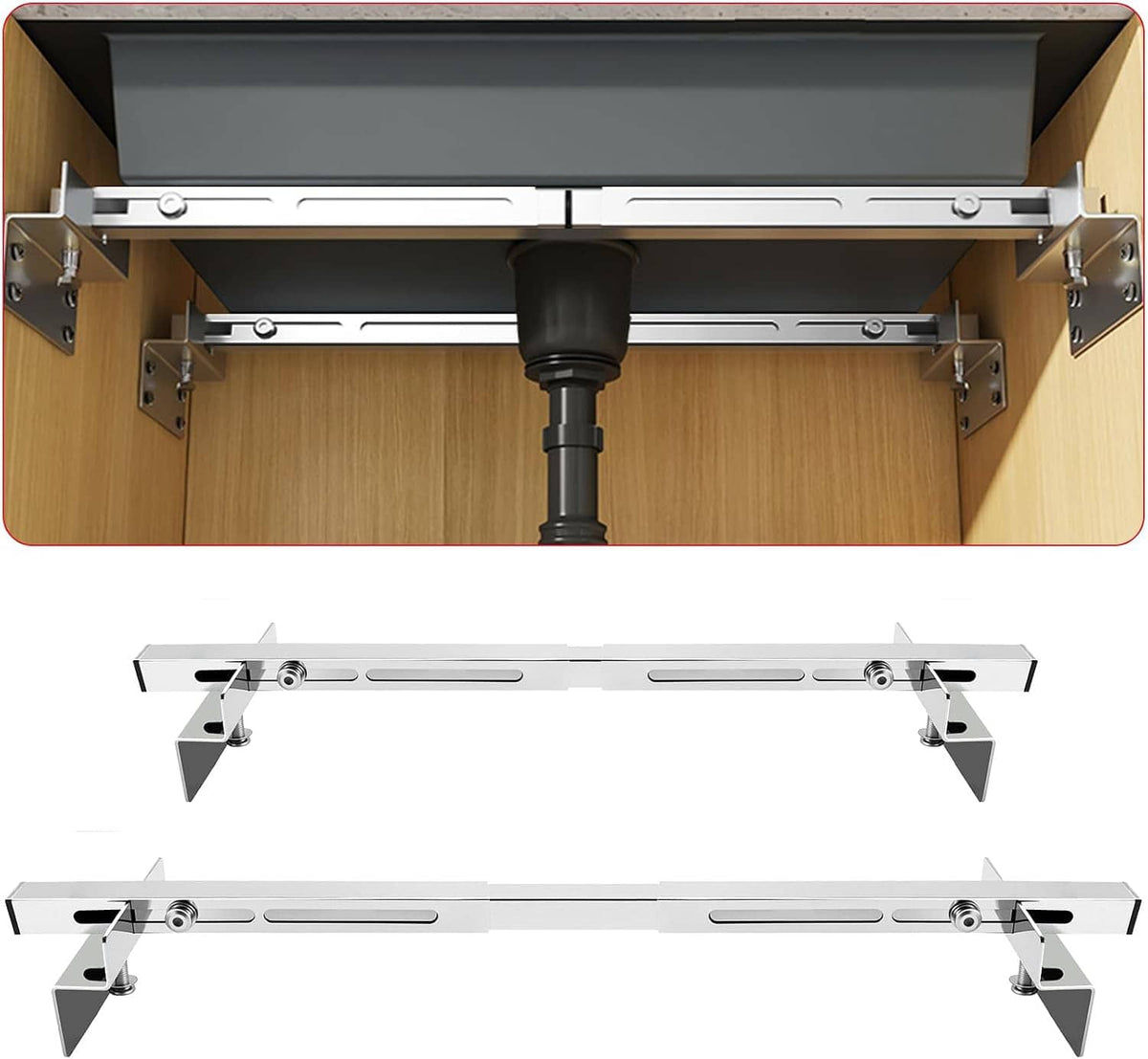 Adjustable stainless steel undermount sink brackets with support bar and triangular feet